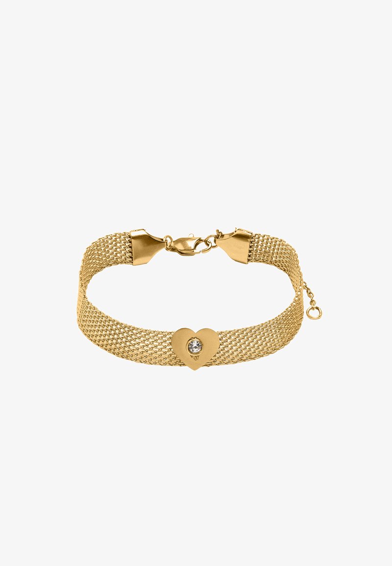 Złota bransoletka z siateczkowym wzorem i akcentem w kształcie serca z przezroczystym kryształkiem. Zapięcie na łańcuszek z regulowaną długością dla pewnego dopasowania.
