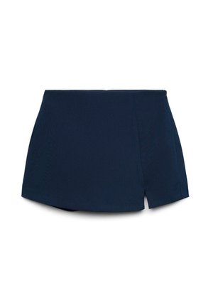 Mini-jupe bleu foncé avec une fente avant subtile et un tissu lisse, posée à plat sur un fond blanc.