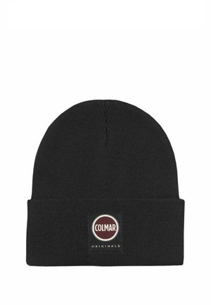Čierna pletená čiapka s preloženým lemom a okrúhlym logom Colmar Originals uprostred vpredu.