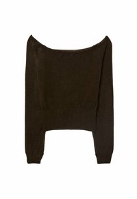 Pull en maille long à manches longues, de couleur brun foncé, à épaules dénudées, avec des poignets et un ourlet côtelés, présenté à plat sur un fond blanc.