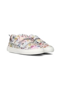 Velcro-strapped sneakers with translucent upper featuring colorful dot patterns; white rubber sole; rounded toe; padded tongue and collar.