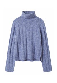 Pull à col montant en tricot violet avec une coupe courte et ample, texture côtelée et manches larges, fabriqué en mélange de laine douce.