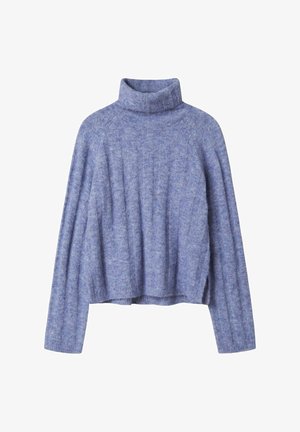 Pull à col montant en tricot violet avec une coupe courte et ample, texture côtelée et manches larges, fabriqué en mélange de laine douce.