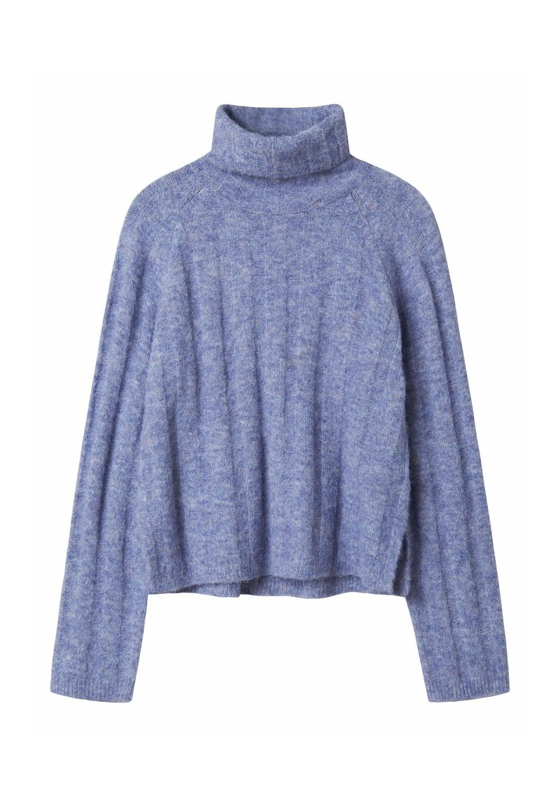 Pull à col montant en tricot violet avec une coupe courte et ample, texture côtelée et manches larges, fabriqué en mélange de laine douce.