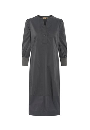 Rochie gri închis din bumbac, cu decolteu în V, detalii cu nasturi și mâneci puff trei sferturi cu manșete gri. Textură netedă, până la genunchi.