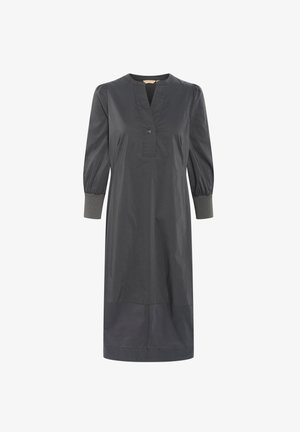 Rochie gri închis din bumbac, cu decolteu în V, detalii cu nasturi și mâneci puff trei sferturi cu manșete gri. Textură netedă, până la genunchi.