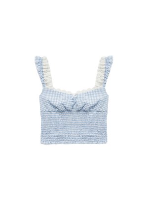Blauw-wit geruit crop top met een gesmokt textuur, volantschouderbanden en een rechte halslijn. Heeft een centrale plooidetail.