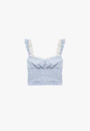 Blåt og hvidt gingham crop top med smocket tekstur, flæse-stropper og en lige halsudskæring. Har en fremtrædende samling i midten.