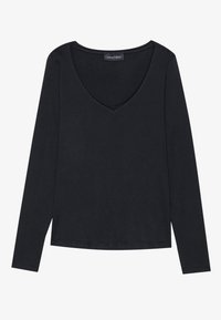 Black long-sleeve shirt with a v-neck, made of soft fabric. Features a simple design and seamless shoulders. Label at the neckline.