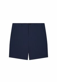 Marineblauwe shorts met een elastische tailleband, knoopsluiting en twee zijzakken. Gladde textuur en knielengte ontwerp.
