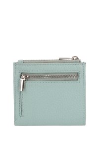 Mintgroene leren portemonnee met een gestructureerde afwerking, voorzien van een ritsvak en zilverkleurige hardware, rechthoekig ontwerp.