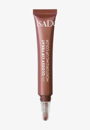 Tube de couleur à lèvres hydratante IsaDora Glossy Lip Treat marron avec embout applicateur transparent.