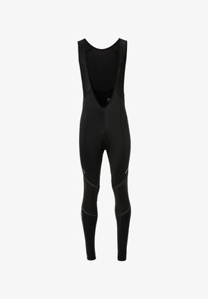 Schwarze Radsport-Bib-Tights mit tiefem Ausschnitt, verstellbaren Trägern und reflektierenden Nähdetails für Sichtbarkeit während der Fahrten.