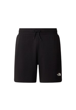 Schwarze athletische Shorts aus weichem Stoff; verfügen über einen elastischen Bund mit Kordelzug und ein kleines Logo auf der unteren rechten Seite.