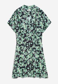 Robe noire à manches courtes avec un petit motif floral vert et blanc et un col en V.