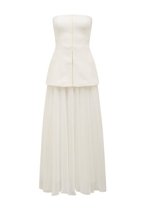 Trägerloses weißes Kleid mit einem figurbetonten Oberteil, einem Peplum-Taille und einem fließenden, durchsichtigen Rock. Rückenverschluss mit sichtbaren Knöpfen.