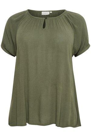 Blouse à manches courtes vert olive avec un col rond, des détails de plis et une fermeture à bouton en forme de trou de serrure à l'avant. Tissu doux et fluide.