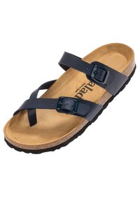 Blue leather sandal with two adjustable buckles, cork footbed, textured black rubber sole, and crisscross strap design.