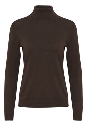 Brun polotröja med långa ärmar, en figurnära design och en ribbad struktur runt kragen och ärmsluten.