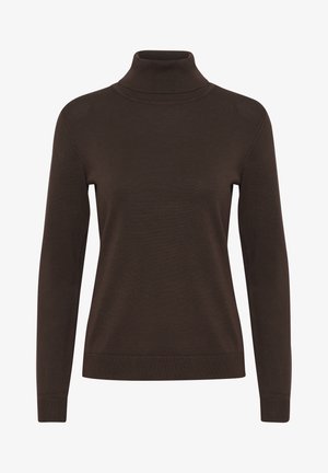 Brun polotröja med långa ärmar, en figurnära design och en ribbad struktur runt kragen och ärmsluten.