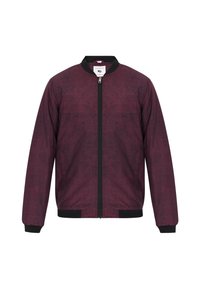 Bommenjacket in bordeaux met een geblokt patroon, met een zwarte rits, zwarte geribbelde manchetten en een ronde kraag. Gladde textuur.