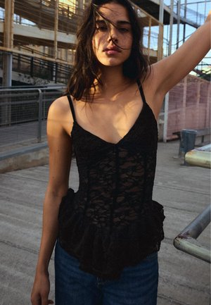 Bershka, STRAPPY WITH LACE TRIM AND RUFFLE - TOP - Top - black