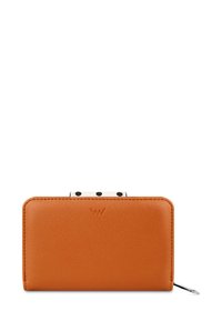 Orange leather wallet with a smooth texture, metal clasp, and a polka dot pattern on the interior lining. Features embossed logo detail.
