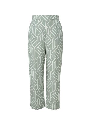 Light green patterned trousers featuring a white geometric design, elastic waistband, and a relaxed straight-leg cut for comfort.