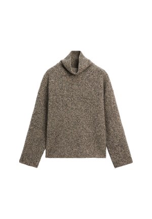 Braun und grau melierter Strickrollkragenpullover mit langen Ärmeln und einem lockeren, leicht kastigen Schnitt.