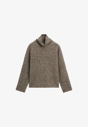 Pull à col roulé tricoté marbré brun et gris, avec des manches longues et une coupe décontractée, légèrement carrée.
