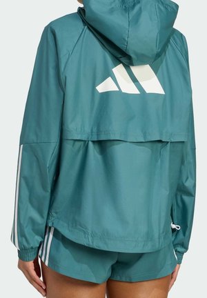 Personne portant une veste à capuche bleu sarcelle et un short assorti avec des rayures blanches et un grand logo blanc dans le dos de la veste.
