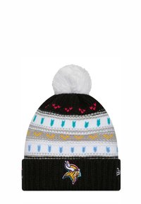 Berretto lavorato a maglia con una fascia a coste nera, strisce orizzontali multicolori e un pompon bianco. Logo ricamato nella parte anteriore.
