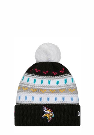 Berretto lavorato a maglia con una fascia a coste nera, strisce orizzontali multicolori e un pompon bianco. Logo ricamato nella parte anteriore.
