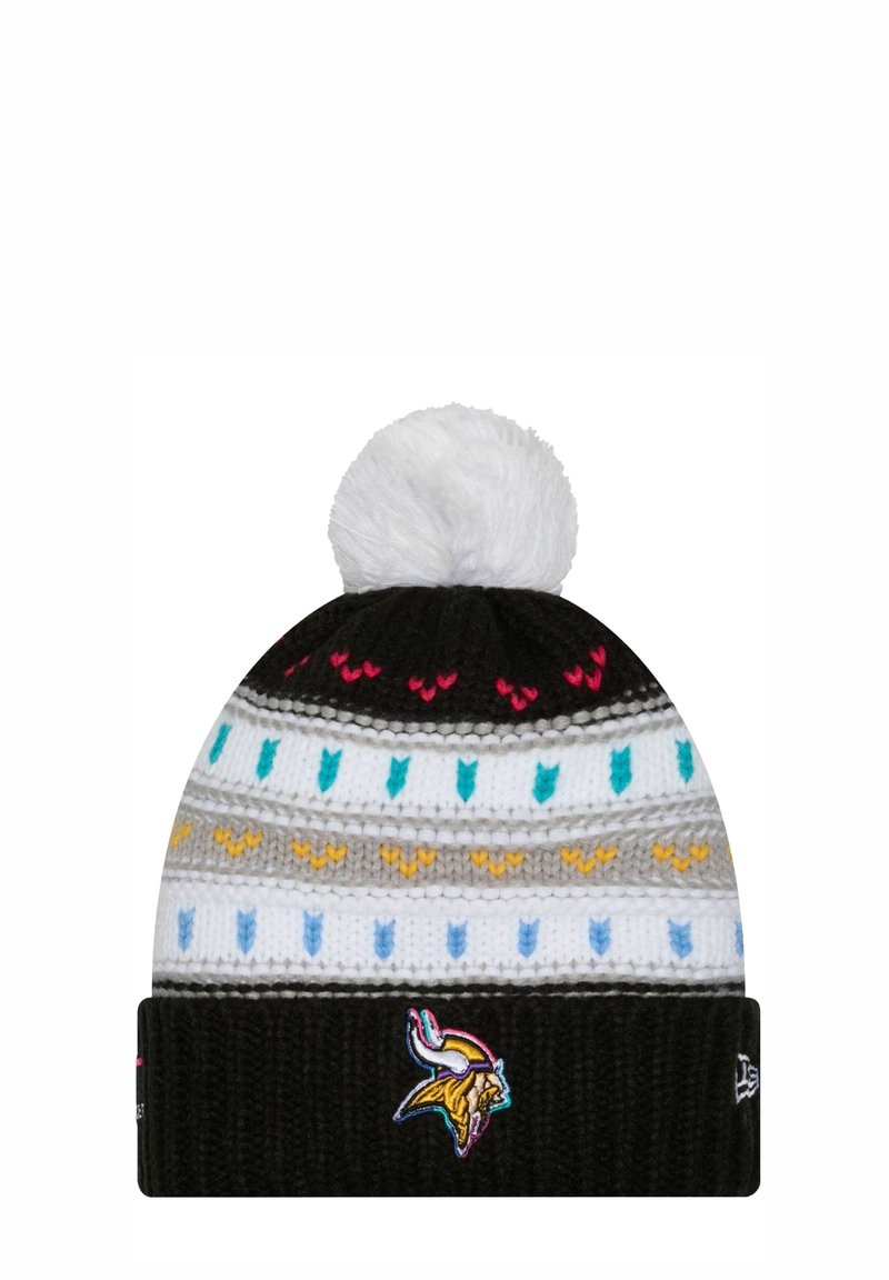 Berretto lavorato a maglia con una fascia a coste nera, strisce orizzontali multicolori e un pompon bianco. Logo ricamato nella parte anteriore.