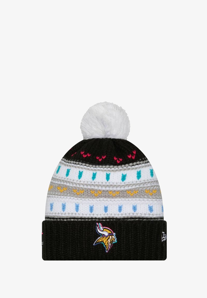 Knitted beanie featuring a black ribbed band, multicolored horizontal stripes, and a white pom-pom. Embroidered logo at the front.