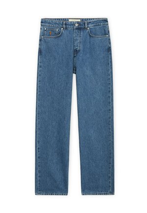 Jeans denim a gamba dritta blu con cinque tasche, chiusura con bottoni e passanti per cintura, mostrati distesi su uno sfondo bianco.