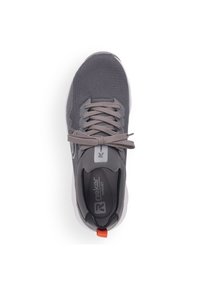 Gray athletic shoe with a mesh upper, light gray laces, soft sole, orange pull tab at the heel, and logo on the side and insole.