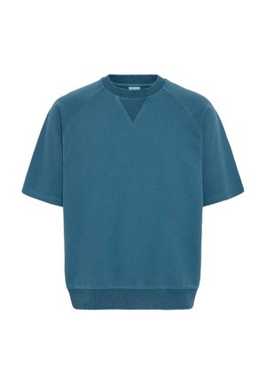 Niebieska bluza z krótkim rękawem, o okrągłym dekolcie, z prążkowanymi mankietami i dołem. Posiada teksturowany akcent w kształcie litery V z przodu. W składzie bawełnowy miks.