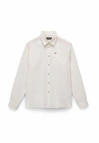 Camicia bianca a maniche lunghe con colletto abbottonato, taschino singolo e un piccolo logo. Realizzata in un tessuto leggero con una texture liscia.