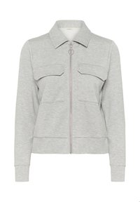 Svetlosivá dlhá mikina na zips s krúžkom na ťahanie, dvoma vreckami na hrudi a klasickým golierom.