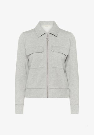 Gai pelēks garām piedurknēm zip-up džemperis ar gredzenu vilkt zipperi, divām krūšu kabatām ar atloku un klasisku apkakli.