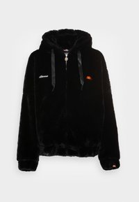 Sort zip-up hoodie lavet af blødt stof, med hætte, satin snore og broderet logo på brystet og ærmet. Blødt tekstur.