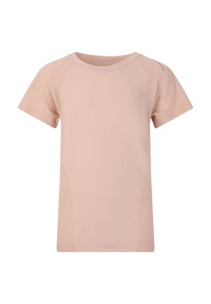 Ljusrosa kortärmad T-shirt i mjukt tyg, med ribbad textur på axlarna och sidorna, samt design med rund hals.