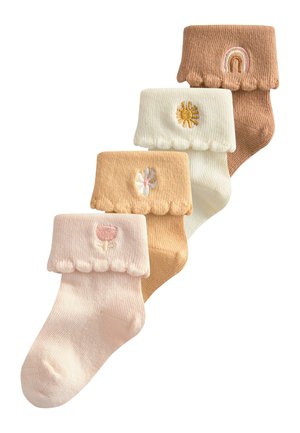 Four pairs of ribbed socks in pastel shades: pink, cream, light orange, and brown. Each features embroidered designs and scalloped cuffs.