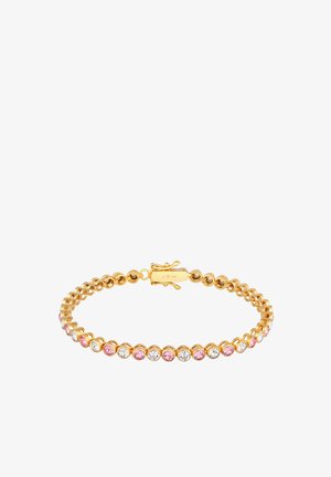 Goldarmband mit abwechselnd pinken und klaren Kristallen, die in runden Fassungen eingesetzt sind, mit einem Verschluss gesichert. Glatte, polierte Oberfläche.