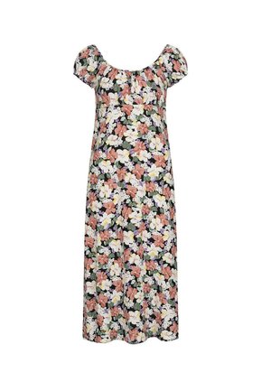 Robe maxi florale présentant un décolleté en scoop, des manches courtes à volants, et un fond noir orné de motifs floraux roses, blancs, jaunes et verts.