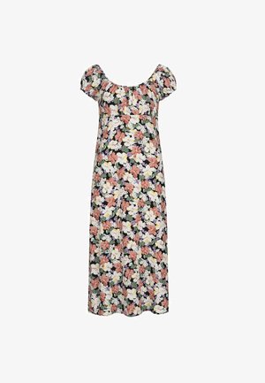 Blomster maxi kjole med scooped halsudskæring, korte puffærmer og en sort baggrund med rosa, hvide, gule og grønne blomster mønstre.