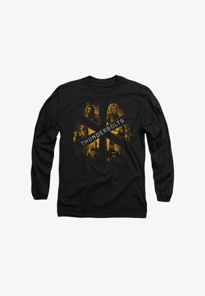 Black long-sleeve t-shirt featuring a yellow graphic design with character illustrations and the text "THUNDERBOLTS" in a bold font.