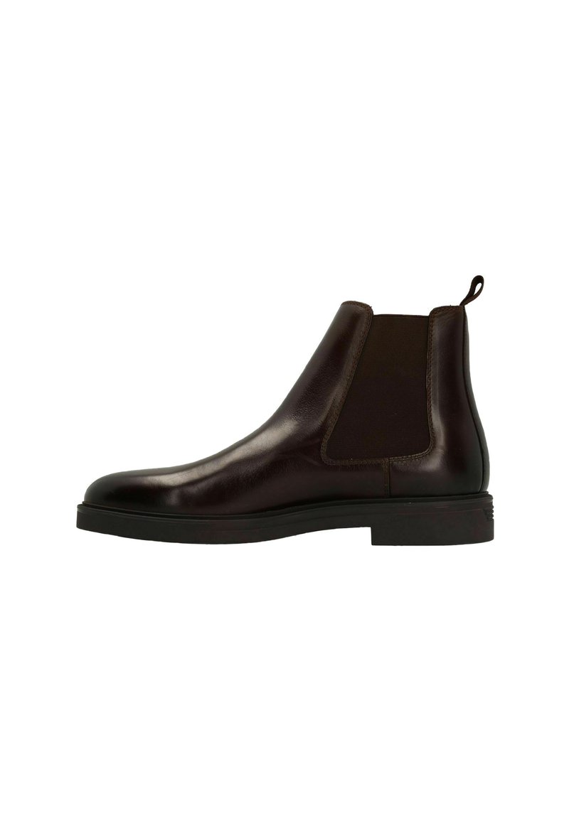 Braune Leder Chelsea-Stiefel mit elastischen Seitenpaneelen, runder Spitze und einer kleinen Zuglasche hinten. Schwarze Gummisohle für besseren Grip.