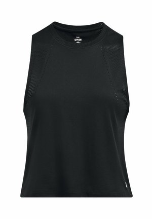 Zwart mouwloos sporttop met een ronde hals, gaasaccenten aan de zijkanten en een gladde stoftextuur. Voorzien van een logo aan de onderkant vooraan.